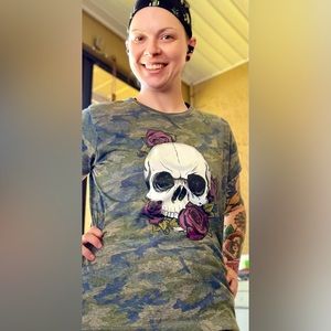 Camo Ladies Fit Screen Print Custom Floral Skull Tee
